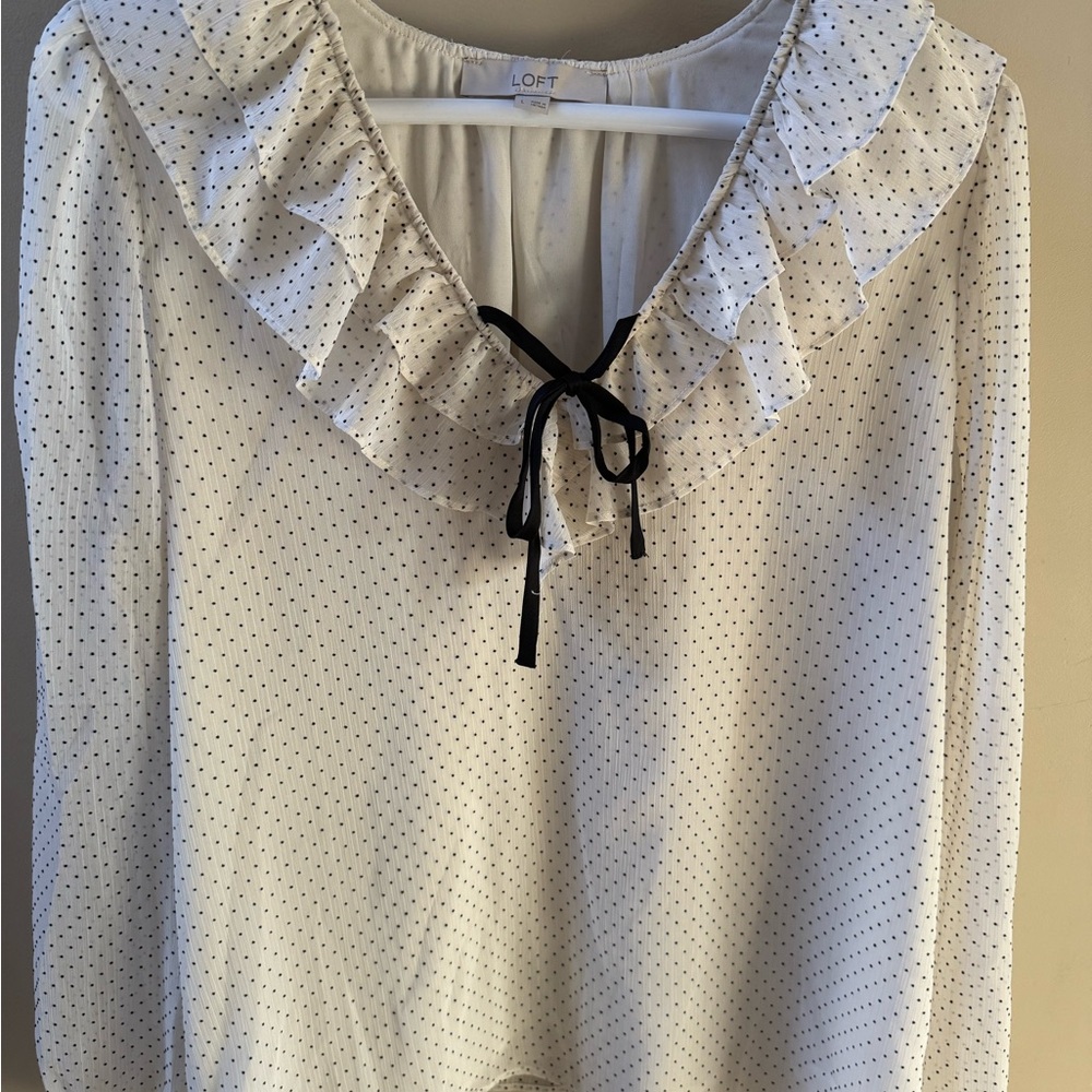 Worn Once size L LOFT White Polka Dot Blouse with Black Tie